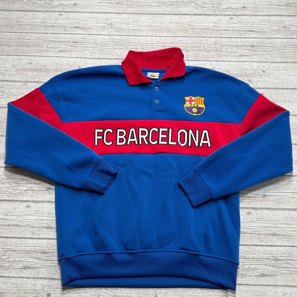 Y2K FC Barcelona Sweatshirt Mens L Rugby Collar Embroidered Crest Blue Soccer